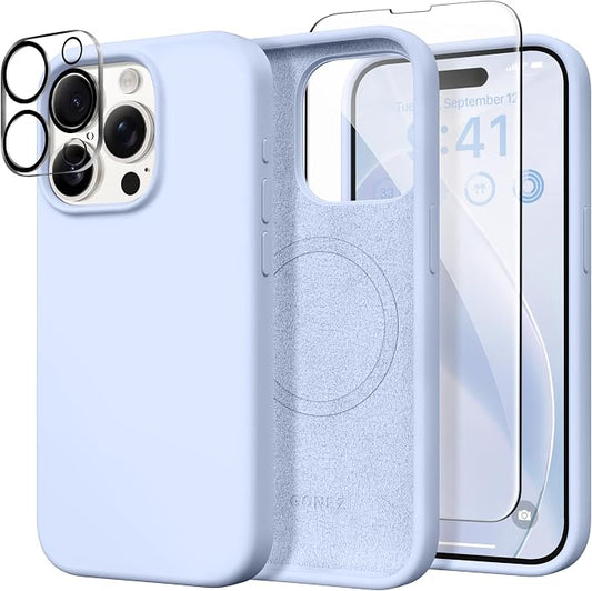 GONEZ Magnetic for iPhone 15 Pro Case, Compatible with MagSafe, [Screen Protector + Camera Lens Protector], Silicone Shockproof Anti-Scratch Protective Phone Case 6.1 inch, Baby Blue