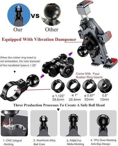 BRCOVAN Anti-Theft Aluminum Alloy Motorcycle Phone Mount with Vibration Dampener & High-Speed Secure Lock, Adjustable Bike Handlebar Cellphone Holder for Bicycle Scooter ATV, Fit 4.7-7.2'' Smartphone