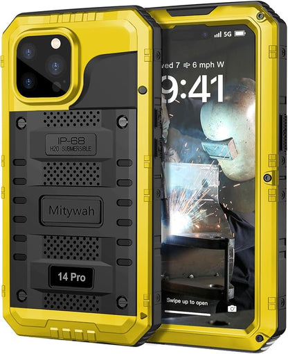 Mitywah Waterproof Case for iPhone 14 Pro, Heavy Duty Shockproof Case with Built-in Screen Protector, Full Body Underwater Protective Metal Case 6.1 inch, Yellow