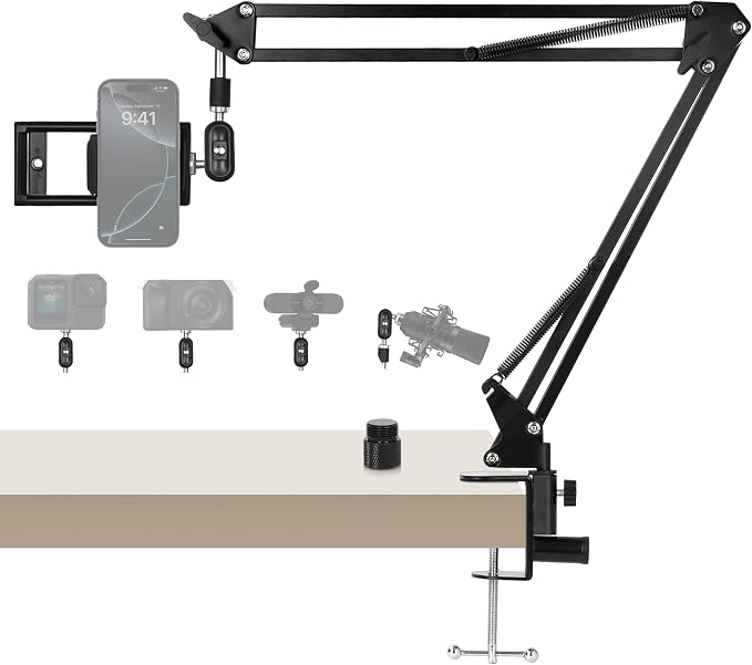 30" Magic Arm Holder w Clamp - Overhead Phone Mount for Desk, Smooth 360° 1/4" & 5/8" Thread Webcam Stand for Phone, Tablet, Webcam, Mic, Camera - Content Creators & Streaming