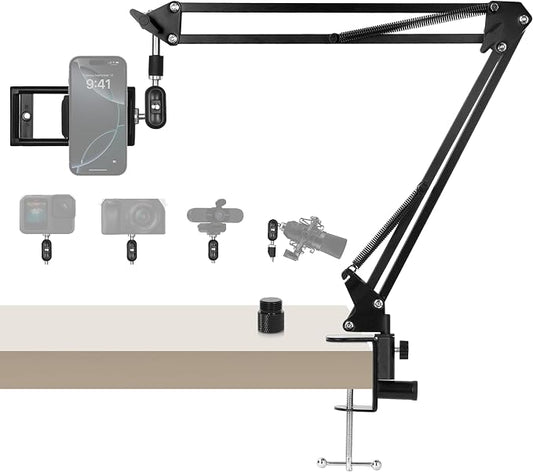 30" Magic Arm Holder w Clamp - Overhead Phone Mount for Desk, Smooth 360° 1/4" & 5/8" Thread Webcam Stand for Phone, Tablet, Webcam, Mic, Camera - Content Creators & Streaming
