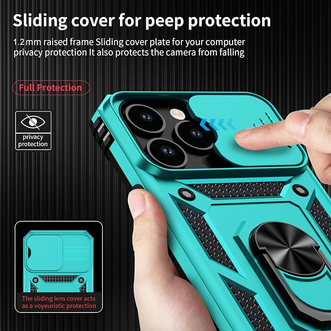 Weycolor for iPhone 14 Pro Max Case with Camera Lens Cover, HD Screen Protector, 10 FT Military Grade Drop Protection, Magnetic Ring Holder Kickstand Protective Phone Case, Ice Green