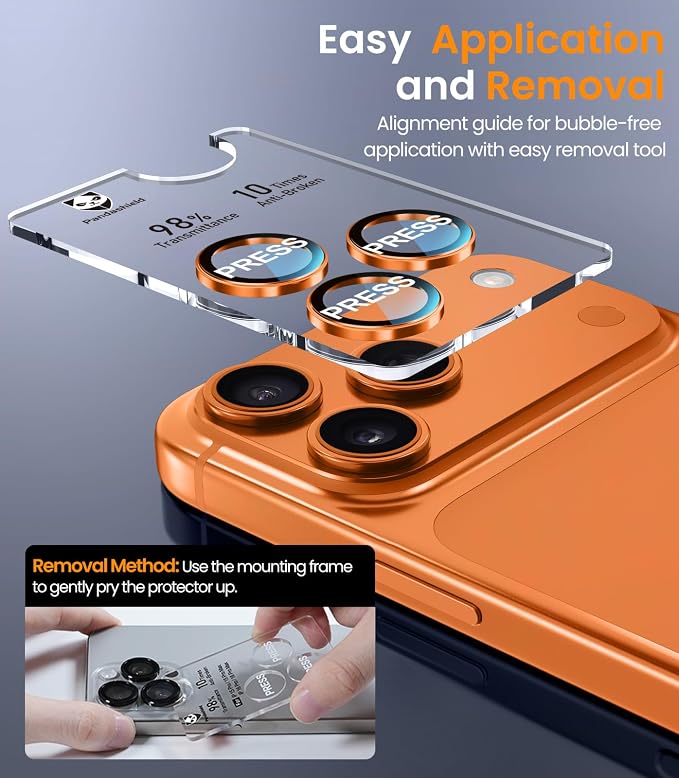 PandaShield 2-Pack Anti-Reflection Camera Lens Protector for iPhone 17/16/15 Pro & Pro Max, Easy Installation, Anti-Scratch,9H Hardness,98% Ultra Clarity,Maintains Original Lens Design – Cosmic Orange