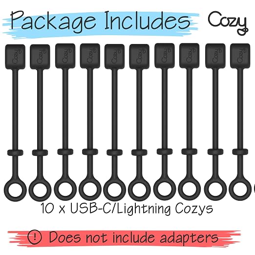 Cozy Silicone Charging Cable Keeper and Adapter Tether, Secure Black Cord Holders Compatible with Micro USB, Apple Pencil Components, Keychain, Car, Travel, 10-Pack