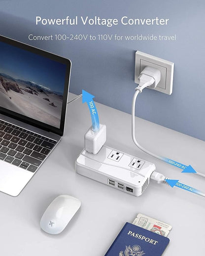 BESTEK Universal Travel Adapter 100-220V to 110V Voltage Converter 250W with 6A 4-Port USB Charging 3 AC Sockets and EU/UK/AU/US/India Worldwide Plug Adapter (White)