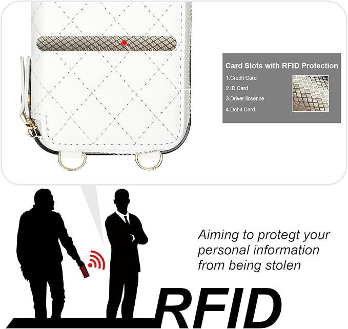 Bocasal Crossbody Wallet Case for iPhone 17 Pro, RFID Blocking PU Leather Zipper Handbag Purse Flip Cover, Kickstand Folio Case with Card Slots Holder Wrist Strap Lanyard 5G 6.3 Inch (White)