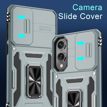 DEERLAMN Case for Samsung Galaxy S25 Edge with Slide Camera Cover+Screen Protector (1 Pack), Rotated Ring Kickstand Military Grade Shockproof Protective Cover-Grey