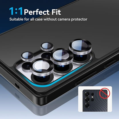 for Samsung S25 Ultra Camera Lens Protector, Easy Installation, Perfect Fit, 9H Shatterproof Tempered Glass with Aluminum Metal Circle Camera Protector, Case Friendly, Whitesilver