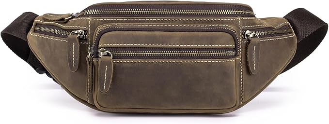 Crazy Horse Cowhide Leather Waist Pack Fanny Bag for Men Women Outdoor Travel Sports Running Walking Hiking Hip Bum Belt Slim Cell Phone Purse Casual Waist Wallet Pouch Deep Brown ﻿