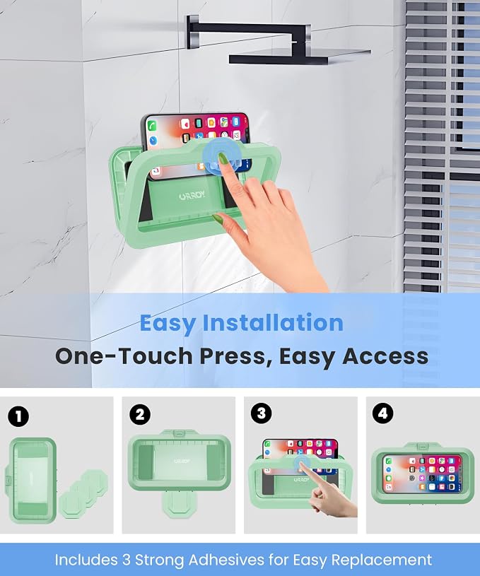URROY Shower Phone Holder Waterproof One-Touch Open Shower Phone Case Anti-Fog & Sensitive Touchscreen Bathroom Wall Phone Mount Stand Universal Fit for iPhone & Smartphones Gift for Men Women Green