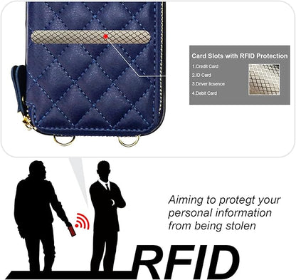 Bocasal Crossbody Wallet Case for iPhone 17 Pro, RFID Blocking PU Leather Zipper Handbag Purse Flip Cover, Kickstand Folio Case with Card Slots Holder Wrist Strap Lanyard 5G 6.3 Inch (Dark Blue)