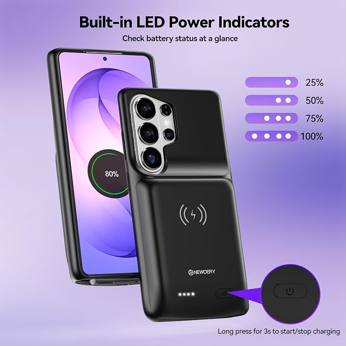 NEWDERY for Samsung Galaxy S26 Ultra/S25 Ultra Battery Case,9500mAh Qi Wireless Charging Supported,Portable Protective Charger Case with Extended Battery Pack for Galaxy S26 Ultra&S25 Ultra 6.9"