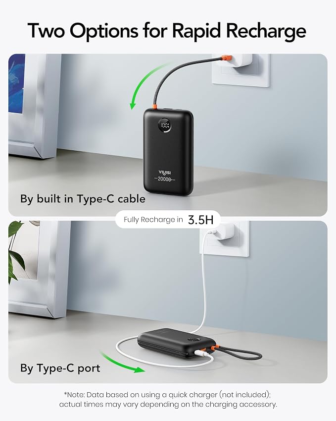 VIYISI Portable Charger 20000mAh 30W Fast Charging with Built-in Cables | USB C & Lighting Cables, LED Display Battery Pack, Compatible with iPhone 17 16 15 14 Pro Max, iPad, Samsung, Travel