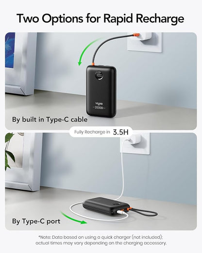 VIYISI Portable Charger 20000mAh 30W Fast Charging with Built-in Cables | USB C & Lighting Cables, LED Display Battery Pack, Compatible with iPhone 17 16 15 14 Pro Max, iPad, Samsung, Travel
