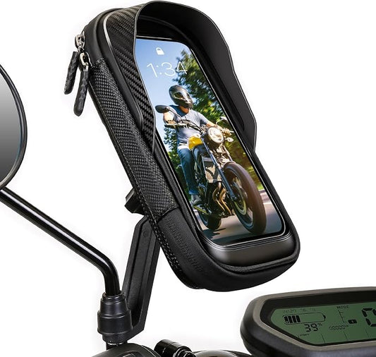 Waterproof Motorcycle Phone Mount 360° Rotation Motorcycle Rearview Mirror Phone Holder Anti-Shake Large Capacity Motorcycle Cell Phone Holder with Sun Visor and TPU Touch Screen