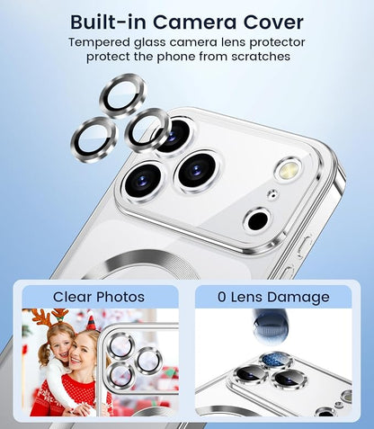 Slim Thin for iPhone 17 Pro Max Case Clear, Compatible with MagSafe, Built-in Camera Lens Protector, Non Yellowing Shockproof Protective Phone Case, Soft Electroplated Magnetic Cover, Sliver