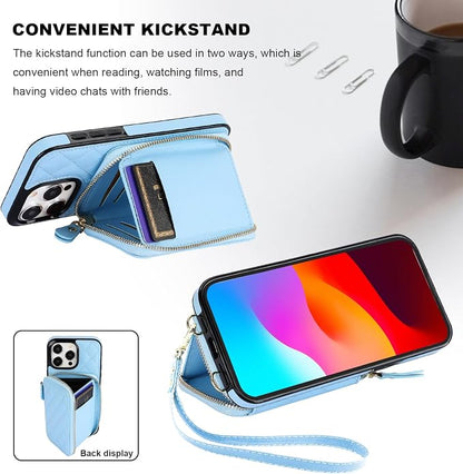 Bocasal Crossbody Wallet Case for iPhone 15 Pro Max, RFID Blocking PU Leather Zipper Handbag Purse Flip Cover, Kickstand Folio Case with Card Slots Holder Wrist Strap Lanyard 5G 6.7 Inch (Blue)
