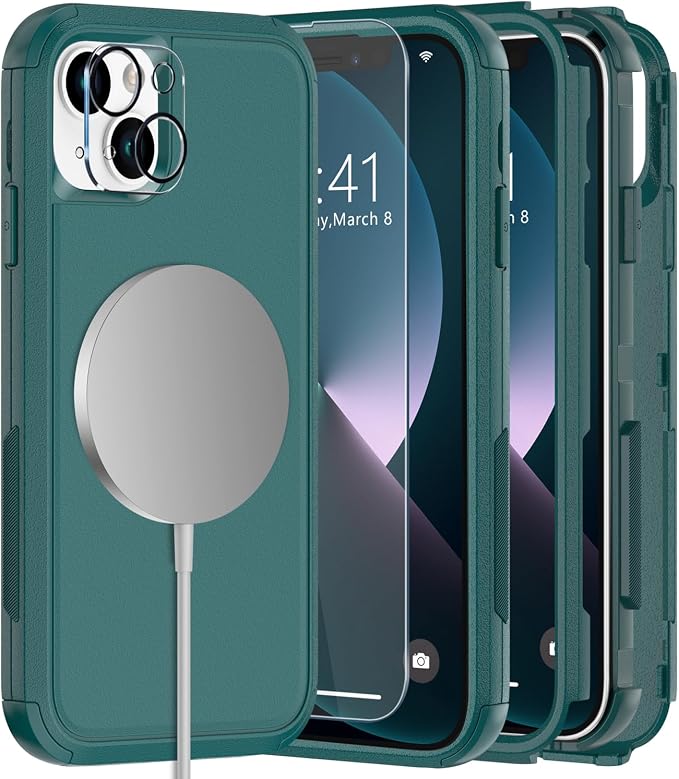 Diverbox for iPhone 13 Phone Case,iPhone 13 Magnetic Case [with Screen Protector & Camera Lens Protector ] Heavy Duty Phone Case for iPhone 13 (Magnetic Dark Green)