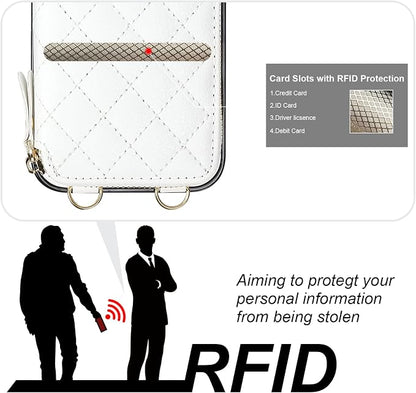 Bocasal Crossbody Wallet Case for iPhone 14, RFID Blocking PU Leather Zipper Handbag Purse Flip Cover, Kickstand Folio Case with Card Slots Holder Wrist Strap Lanyard 5G 6.1 Inch (White)