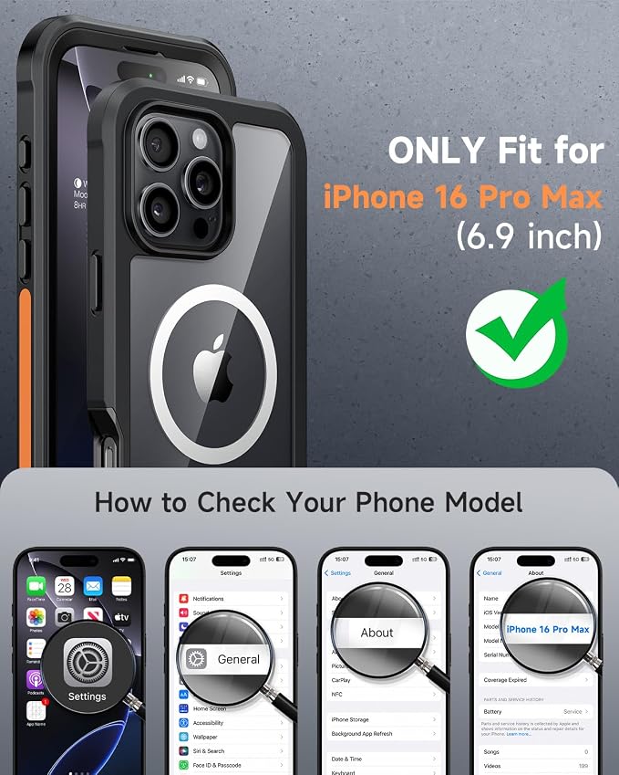 seacosmo for iPhone 16 Pro Max Case, Full Body Bumper with Built-in 9H Tempered Glass Screen and Camera Lens Protector, Compatible with MagSafe, Shockproof 16 Pro Max Phone Case, 6.9", Black