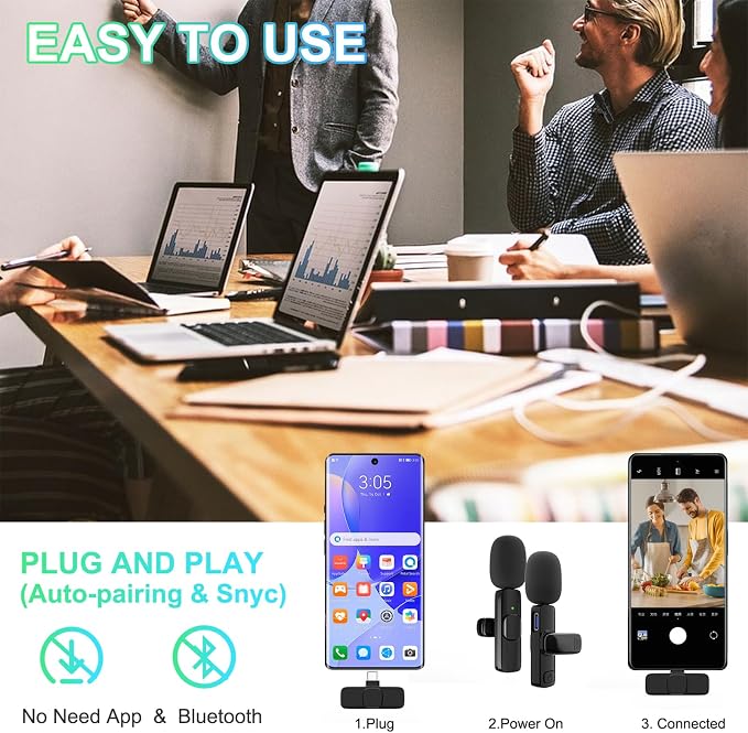 2 Pack Wireless Lavalier Microphone for iPhone, Professional Lapel Mics, Wireless Mic Plug-Play, Lapel Microphone for Video Recording Interview TikTok (USB C for Android iphone15/16)