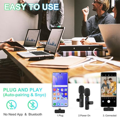 2 Pack Wireless Lavalier Microphone for iPhone, Professional Lapel Mics, Wireless Mic Plug-Play, Lapel Microphone for Video Recording Interview TikTok (USB C for Android iphone15/16)