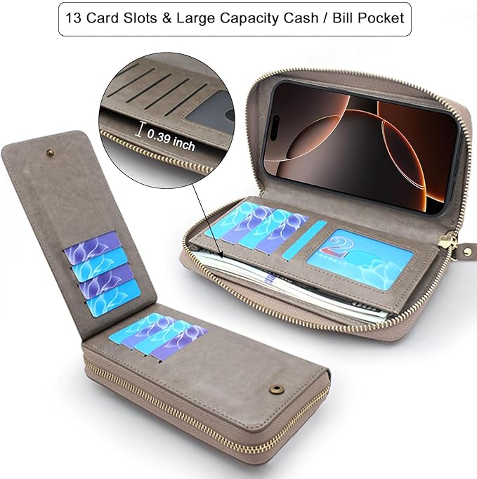 Lacass for iPhone 16 Pro Max 6.9 inch 2024 Wallet Case, Crossbody Dual Zipper Detachable Magnetic Leather Wallet Case Cover Wristlets Wrist Strap 13 Card Slots Money Pocket (Floral Gray)