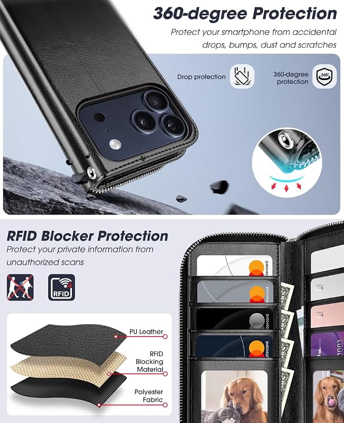 OCASE for iPhone 17 Pro Max Crossbody Detachable Wallet Case, PU Leather Handbag Phone Purse with Zipper Closure, Card Slots & RFID Blocking, Wrist Strap, Lanyard, Kickstand, Black
