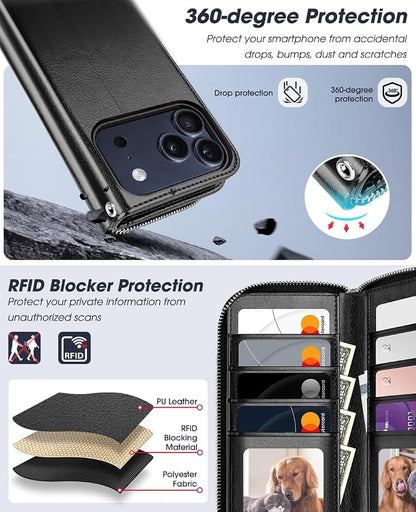 OCASE for iPhone 17 Pro Max Crossbody Detachable Wallet Case, PU Leather Handbag Phone Purse with Zipper Closure, Card Slots & RFID Blocking, Wrist Strap, Lanyard, Kickstand, Black