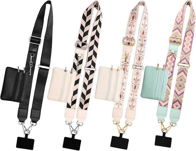4P Clip and Go Strap for Phone with Wallet Crossbody, Stylish and Versatile Phone Strap with Zippered Pouch with Patterned Suspenders for Protecting Money & Cards