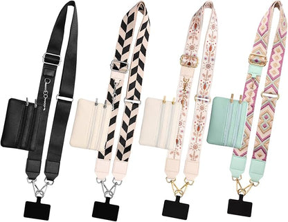 4P Clip and Go Strap for Phone with Wallet Crossbody, Stylish and Versatile Phone Strap with Zippered Pouch with Patterned Suspenders for Protecting Money & Cards