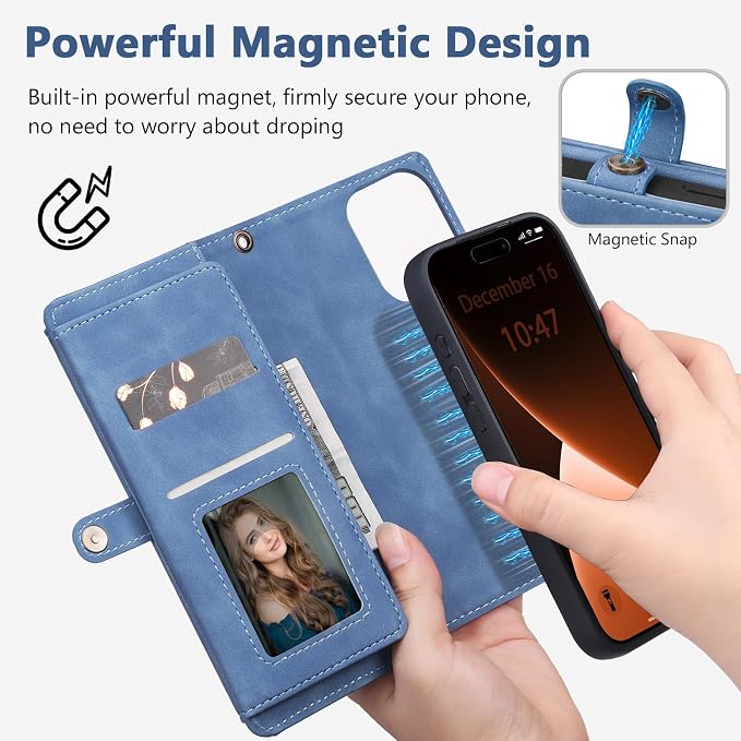 Wallet Case for iPhone 15 Pro with Card Holder/Crossbody Wallet/Strap| RFID Blocking | Magnetic | Kickstand | Detachable | PU Leather Phone Case for iPhone 15 Pro,6.1 in,Sky Blue