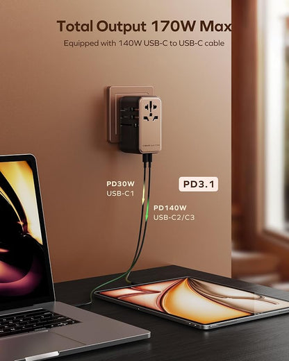 MOMAX Universal Travel Adapter Worldwide 170W GaN, 3 USB-C PD & 1 USB-A QC International Power Adapter for Laptop Fast Charging, European Travel Plug Adapter for UK/US/AUS/JP, Travel Essentials