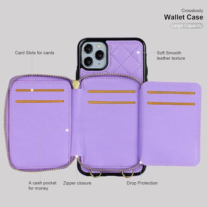 Bocasal Crossbody Wallet Case for iPhone 11 Pro Max, RFID Blocking PU Leather Zipper Handbag Purse Flip Cover, Kickstand Folio Case with Card Slots Holder Wrist Strap Lanyard 6.5 Inch (Purple)