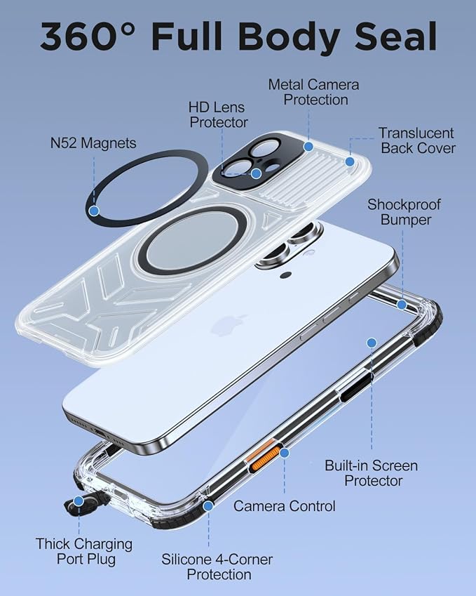 for iPhone 16 Plus Waterproof Case with Magsafe, Built-in [Camera & Screen Protector] [Lanyard], IP68 Water Proof Full Body Dustproof Heavy Duty Frosted Protective Phone Cover, 6.7" Black