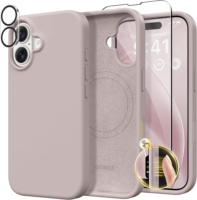 GONEZ Magnetic for iPhone 16 Case, Compatible with MagSafe, [Screen Protector + Camera Lens Protector], Liquid Silicone Shockproof Protective Phone Case for iPhone 16 6.1", Light Taro