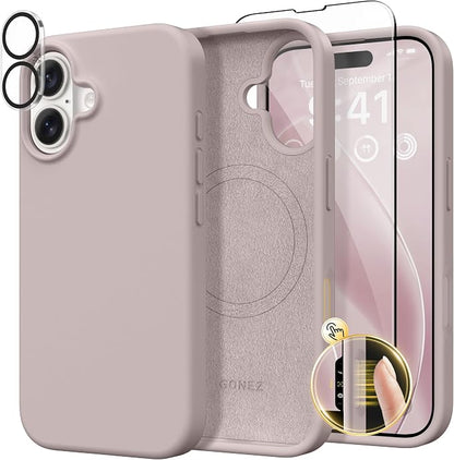 GONEZ Magnetic for iPhone 16 Case, Compatible with MagSafe, [Screen Protector + Camera Lens Protector], Liquid Silicone Shockproof Protective Phone Case for iPhone 16 6.1", Light Taro