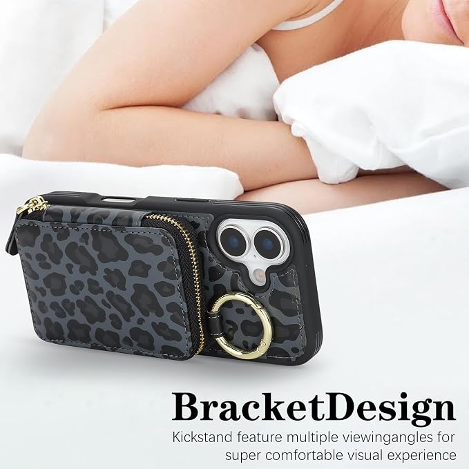 Crossbody Wallet Case for iPhone 17, PU Leather Zipper Handbag Purse Flip Cover, Kickstand Folio Case with Card Slots Holder Wrist Strap Lanyard 5G 6.3 Inch-Black Leopard