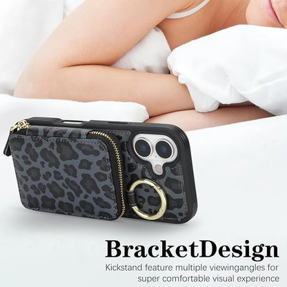 Crossbody Wallet Case for iPhone 17, PU Leather Zipper Handbag Purse Flip Cover, Kickstand Folio Case with Card Slots Holder Wrist Strap Lanyard 5G 6.3 Inch-Black Leopard