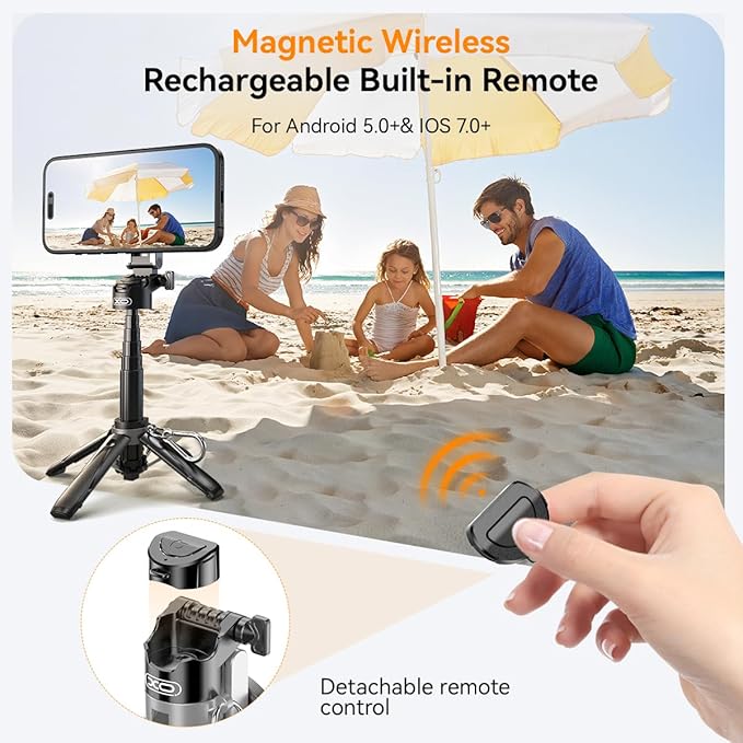 Magnetic Small Selfie Stick for iPhone,4 in 1 Multifunctional Portable Selfie Sticks Retractable Cell Phone Travel Tripod with Remote Control, Mini Phone Tripod for iPhone 17/16/15/14/13/12 Series