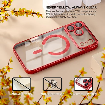 Misea Magnetic for iPhone 17 Pro Case Compatible with MagSafe [Never Yellowing] [Military Grade Drop Protection] Full Camera Lens Protector Plating Soft Clear Phone Case for Women, Red