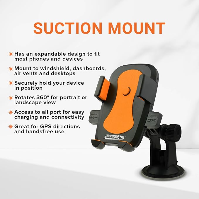 Armor All Phone Mount for Cars, 3-in-1 Phone Holder, Suction Dashboard, Windshield, & Vent Mount, 360° Rotation, Fits iPhone Max, Android, and All Smartphones, 3.5” inch Grip, Quick Release Button