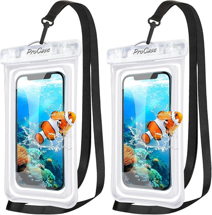 ProCase 2 Pack Floating Waterproof Phone Pouch IPX8, Universal Dry Bag Fits iPhone 17/16/15/14/13 Series, Galaxy S24/S23/S22, Pixel 8/7 (Up to 7”), Touchscreen, Underwater & Snow Protection -Clear