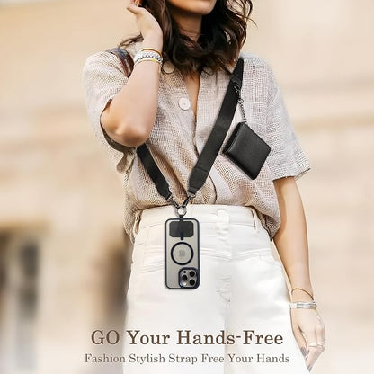 Diaclara Clip and Go Phone Strap with Zipper Pouch- Stylish Crossbody Adjustable Chain Lanyard with Leather Wallet for All Phones, Black and Silver