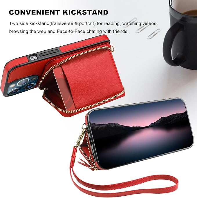 Bocasal RFID Blocking Wallet Case for iPhone 13 Pro, Adjustable Crossbody Zipper Purse Case Card Holder with Kickstand Detachable Wrist Strap, PU Leather Flip Folio Case 6.1 Inch 5G (Red)