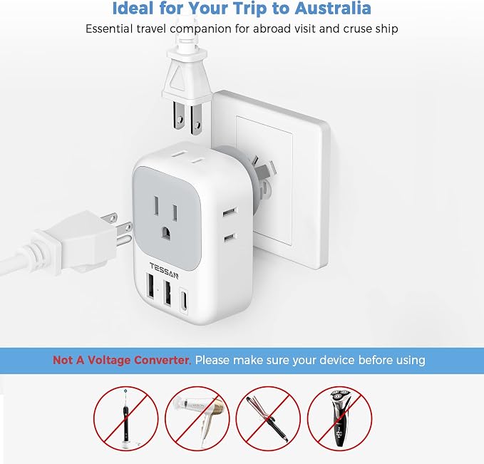 TESSAN Australia Plug Adapter, New Zealand Power Adaptor, 2 Pack | 4 Outlets 3 USB Ports (1 USB C PD 20W), Type I Travel Plug to China Argentina Fiji