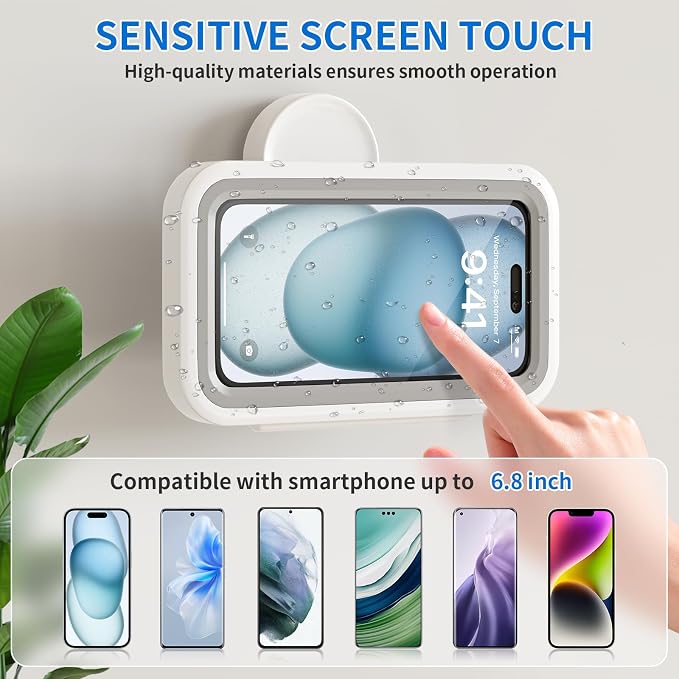Shower Phone Holder Waterproof-480 Rotation, High Sensitivity Suction Cup Mount for Easy Movement, Phone Stand Case Mount for Bathtub Kitchen Mirror Suitable for All 4-7 inch Phones.