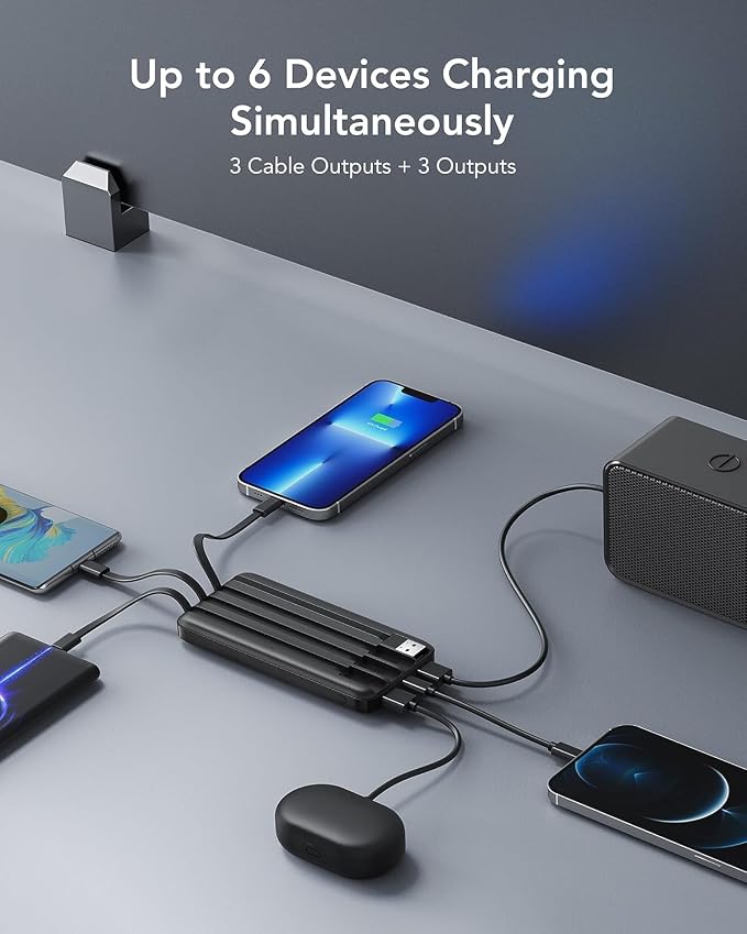charmast 10000mAh Portable Charger,Built-in 4 Cables,6 Outputs/3 Inputs,3A Fast Charging,Compatible with iPhone,iPad,Samsung,Pixel,LG