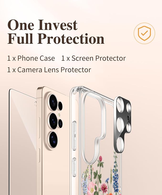 GVIEWIN for Samsung Galaxy S26 Ultra Case, Clear Floral Slim Shockproof Protective Women Phone Case, Non-Yellowing, with Screen Protector&Camera Lens Protector for S26 Ultra 6.9", Wild Petals/Colorful