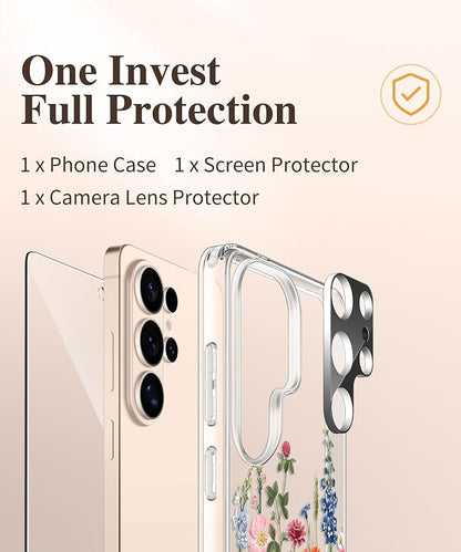 GVIEWIN for Samsung Galaxy S26 Ultra Case, Clear Floral Slim Shockproof Protective Women Phone Case, Non-Yellowing, with Screen Protector&Camera Lens Protector for S26 Ultra 6.9", Wild Petals/Colorful